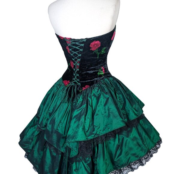 Vintage 80s CORSET Rose Floral Black Velvet Strapless Green Prom Party Dress S - Picture 9 of 16